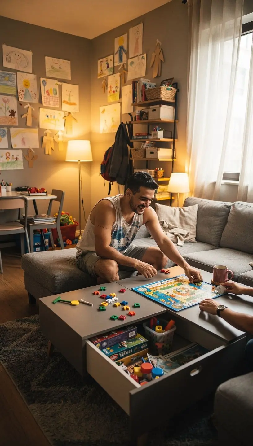 Przykład układu mieszkania z wielofunkcyjnymi meblami i efektywnym wykorzystaniem przestrzeni.