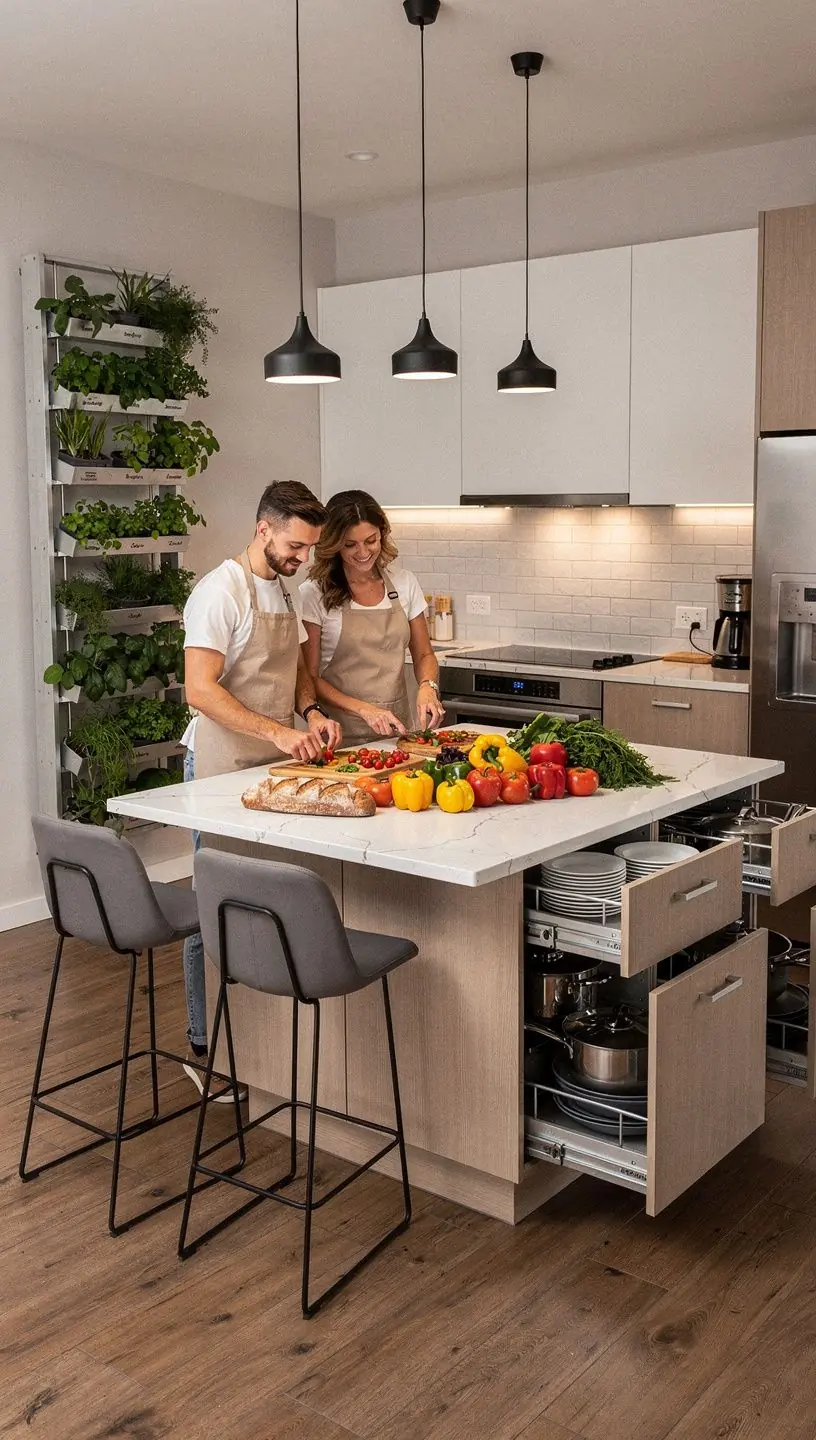 Kuchnia w minimalistycznym stylu z jasnym oświetleniem i funkcjonalnymi szafkami.