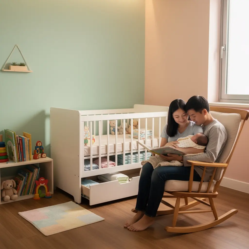 Sypialnia z przestronną szafą i subtelnym oświetleniem dostosowanym do nastroju.