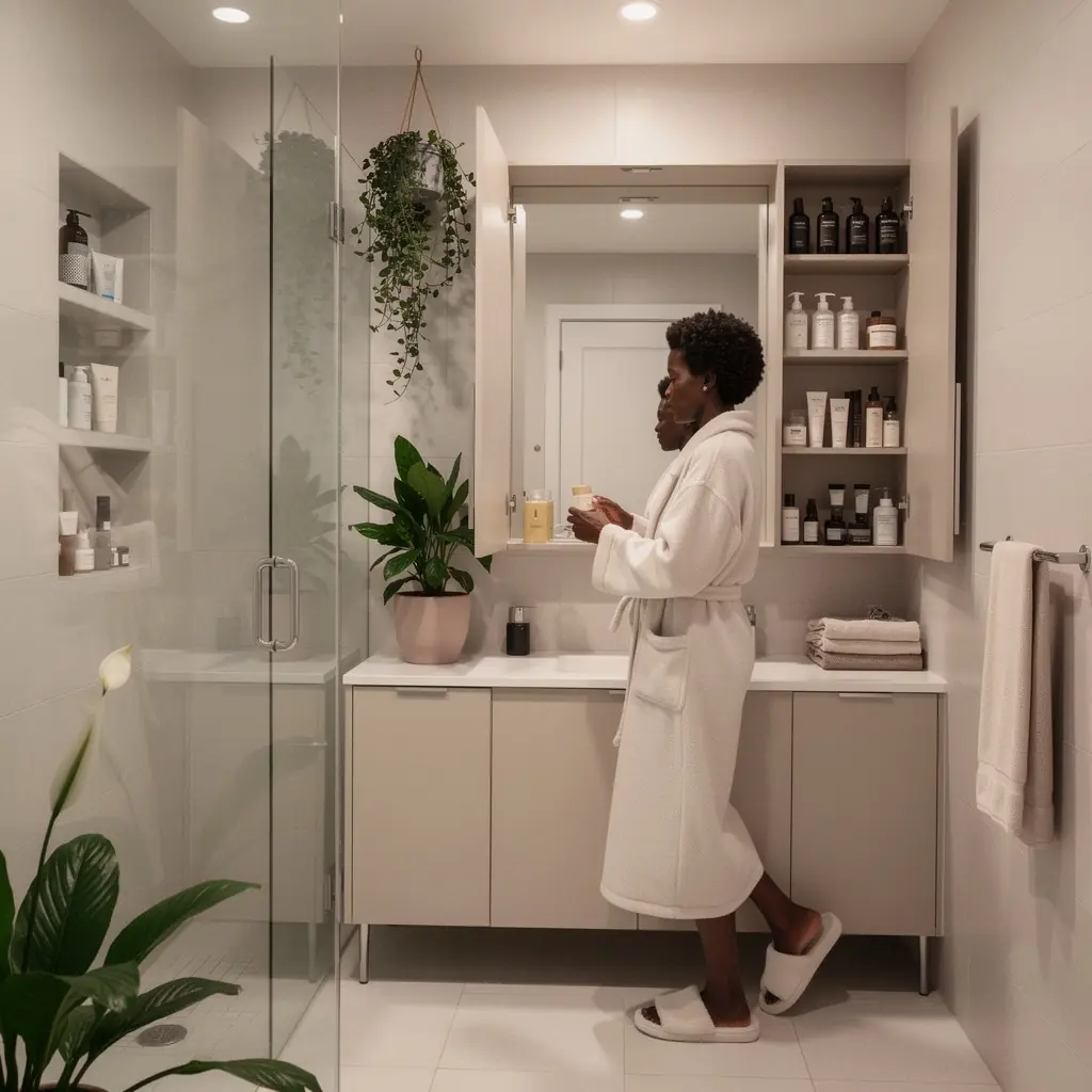 Łazienka z nowoczesnymi rozwiązaniami przechowywania i ciepłym oświetleniem.