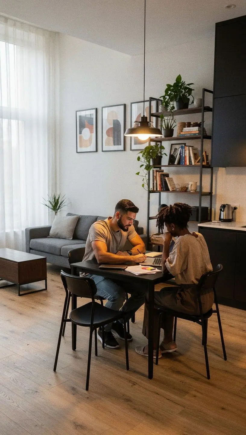 Przestrzeń biurowa w małym mieszkaniu z innowacyjnymi rozwiązaniami do przechowywania i jasnym oświetleniem.