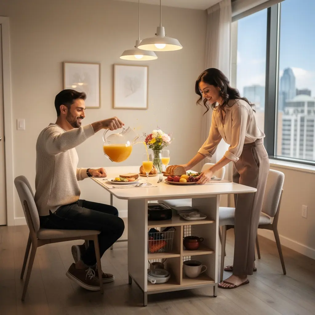 Nowoczesny salon w małym mieszkaniu z inteligentnymi rozwiązaniami do przechowywania.